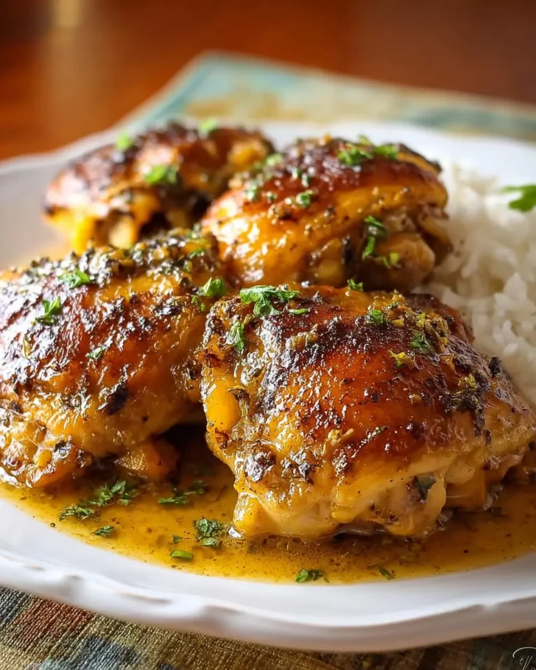 Close-up of golden brown slow cooker chicken thighs garnished with parsley, served with white rice and a rich sauce.