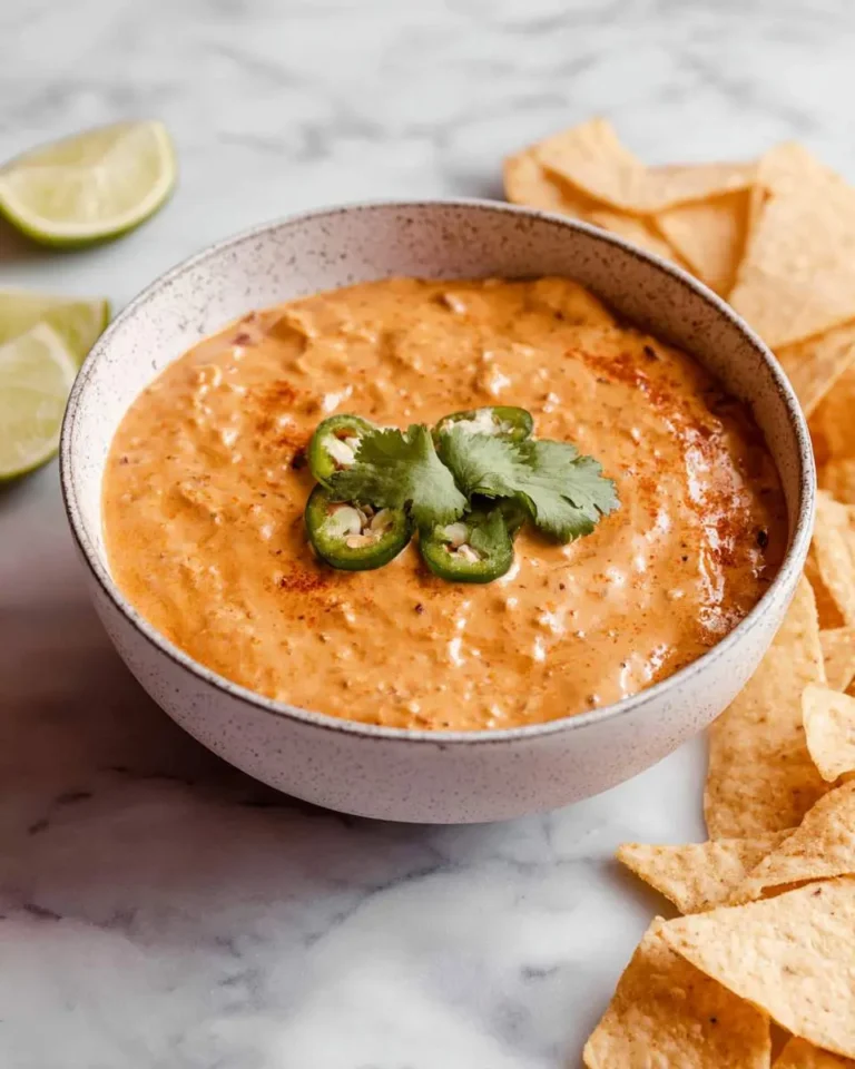 A close-up shot of a creamy, orange smoked queso dip in a speckled bowl, garnished with green jalapeño slices and fresh cilantro. Tortilla chips and lime wedges are visible around the bowl on a marble surface.