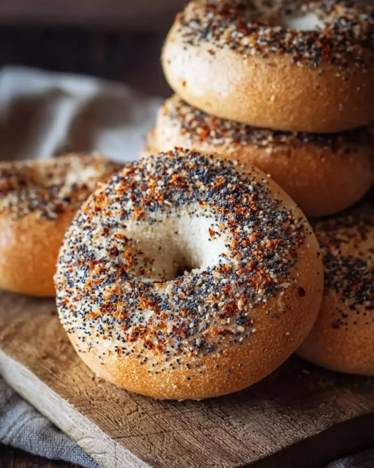 A close-up of delicious, golden-brown sourdough discard bagels generously topped with Everything Bagel seasoning on a wooden board.