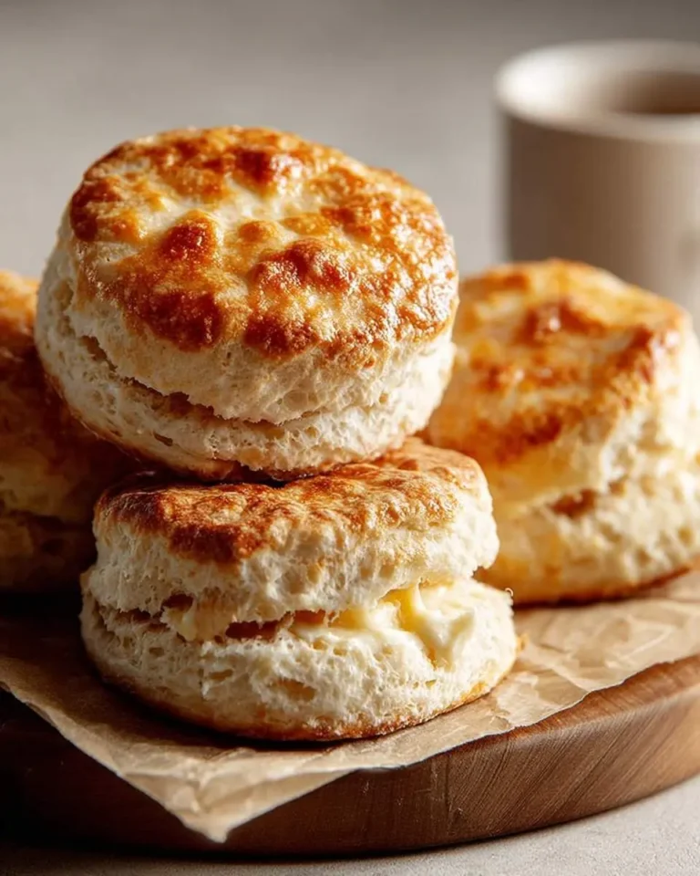 A stack of golden Sourdough Discard Biscuits, one split open and filled with butter, on a wooden board with a mug.