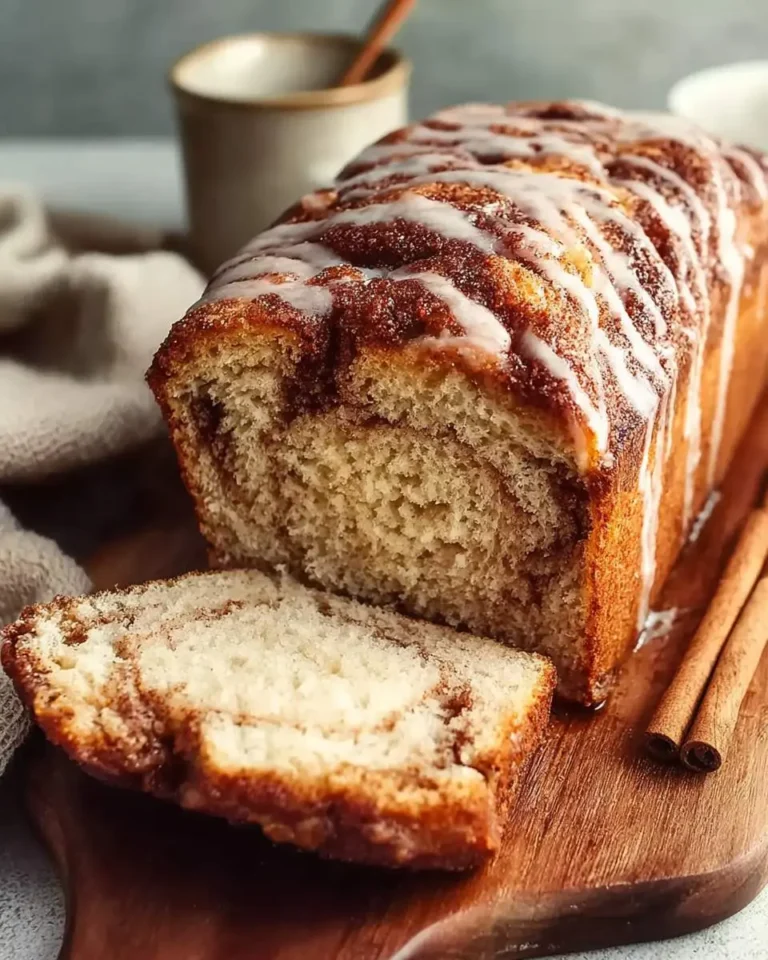 A delicious loaf of Sourdough Discard Cinnamon Bread with a slice cut, showing the cinnamon swirl, and drizzled with icing on a wooden board.
