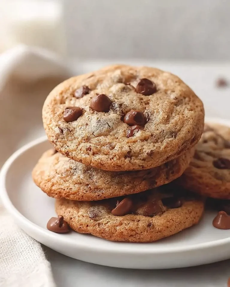 A stack of three golden brown chocolate chip sourdough discard cookies on a white plate, with loose chocolate chips scattered around.