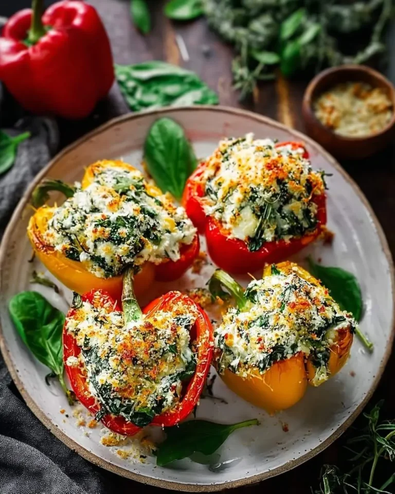 A white plate holds four vibrant red and yellow Spinach and Ricotta Stuffed Peppers, baked until golden brown and garnished with fresh basil.