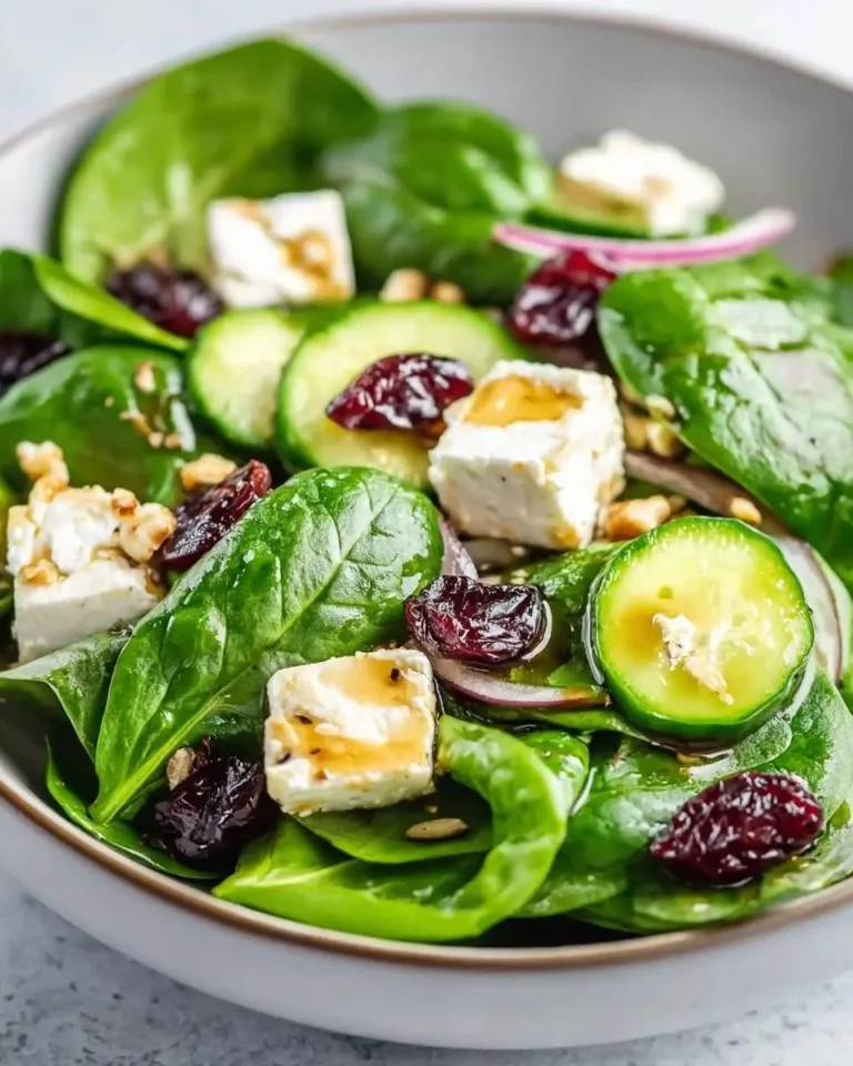 A vibrant Spinach Salad with Goat Cheese, dried cranberries, cucumber slices, and walnuts in a light dressing, served in a white bowl.