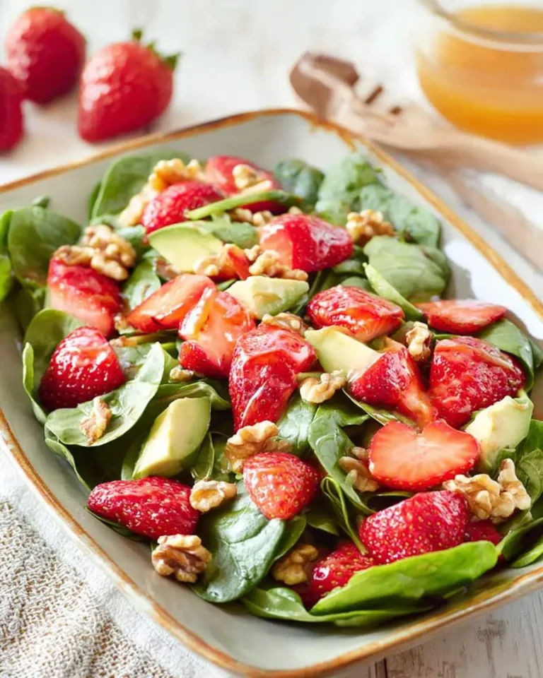 A vibrant Spinach Strawberry Walnut Salad with avocado slices in a rectangular bowl, with fresh whole strawberries in the background.