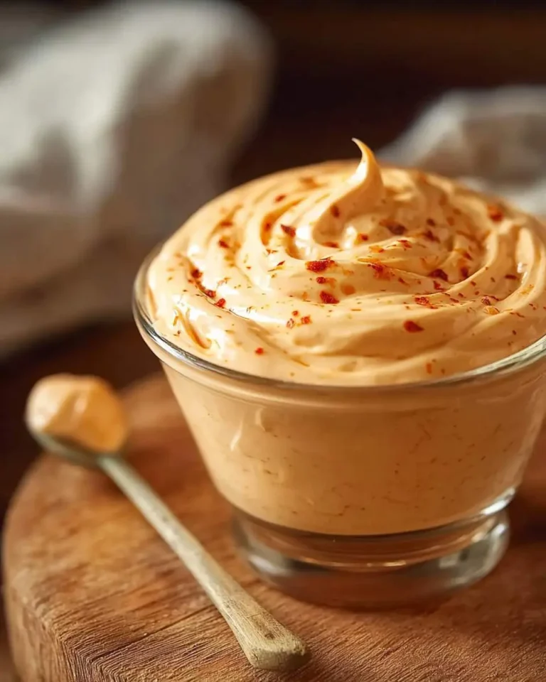A glass bowl of creamy Sriracha Mayo Sauce, garnished with red chili flakes, sits on a wooden board next to a spoon with a dollop of sauce.