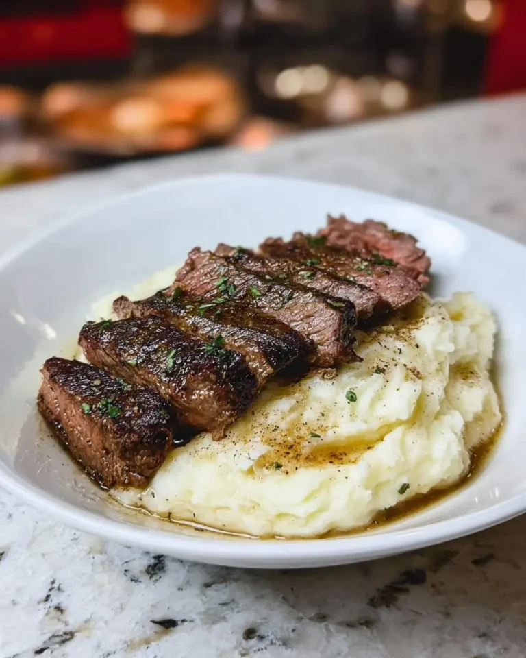 A close-up of perfectly cooked steak slices, garnished with herbs, served over creamy mashed potatoes with a rich gravy.