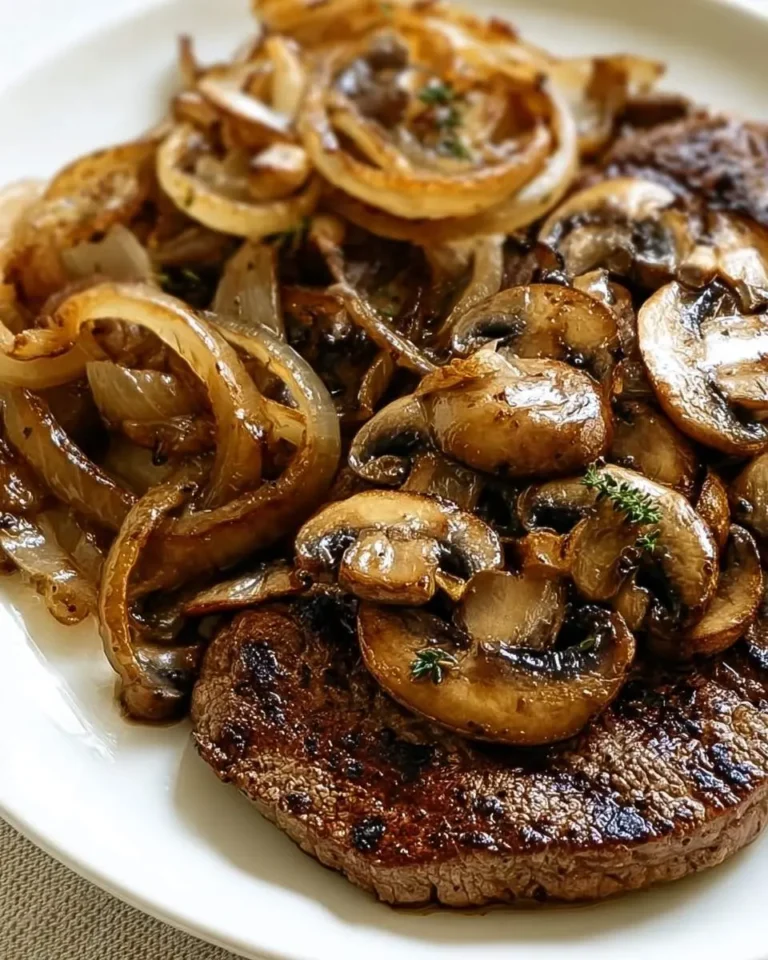 A perfectly cooked steak and mushrooms skillet, generously topped with savory sautéed mushrooms, caramelized onions, and fresh thyme.