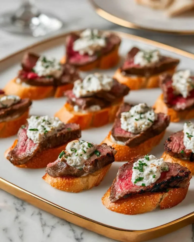 A close-up view of a white rectangular tray filled with numerous perfectly cooked Steak Crostini with Boursin Cheese appetizers, garnished with fresh chives.