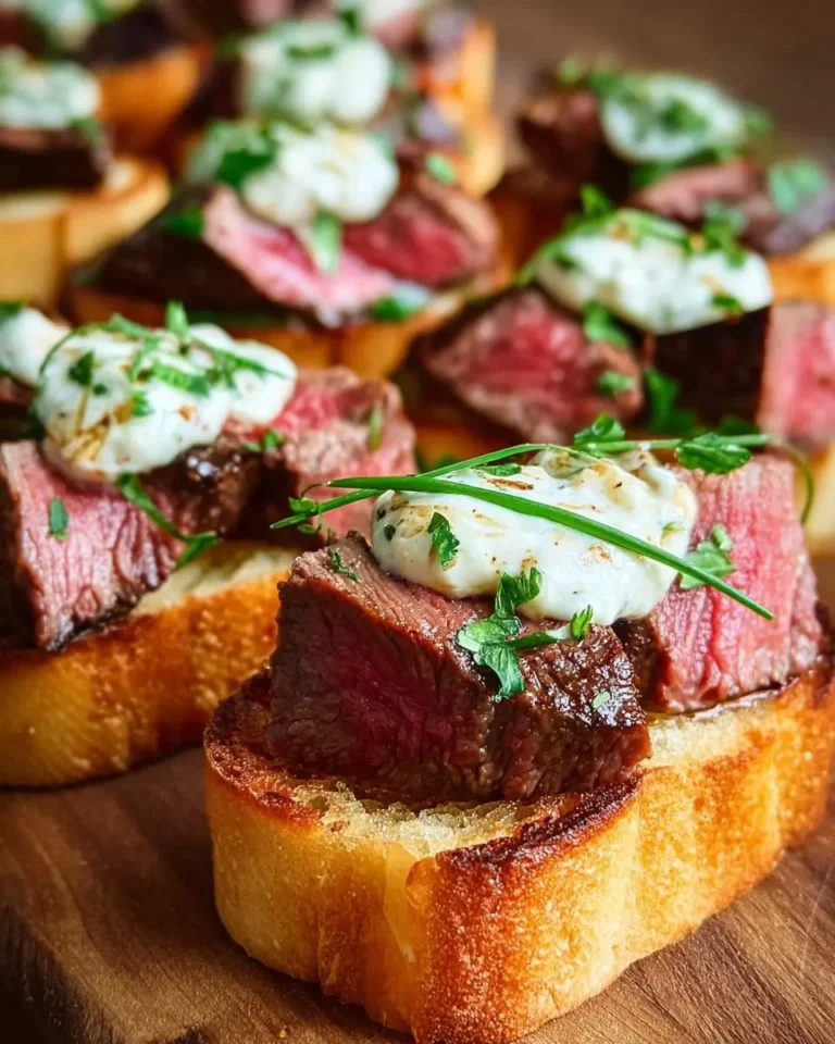 Close-up of multiple delicious Steak Crostini with Horseradish Sauce appetizers garnished with fresh herbs on a wooden board.