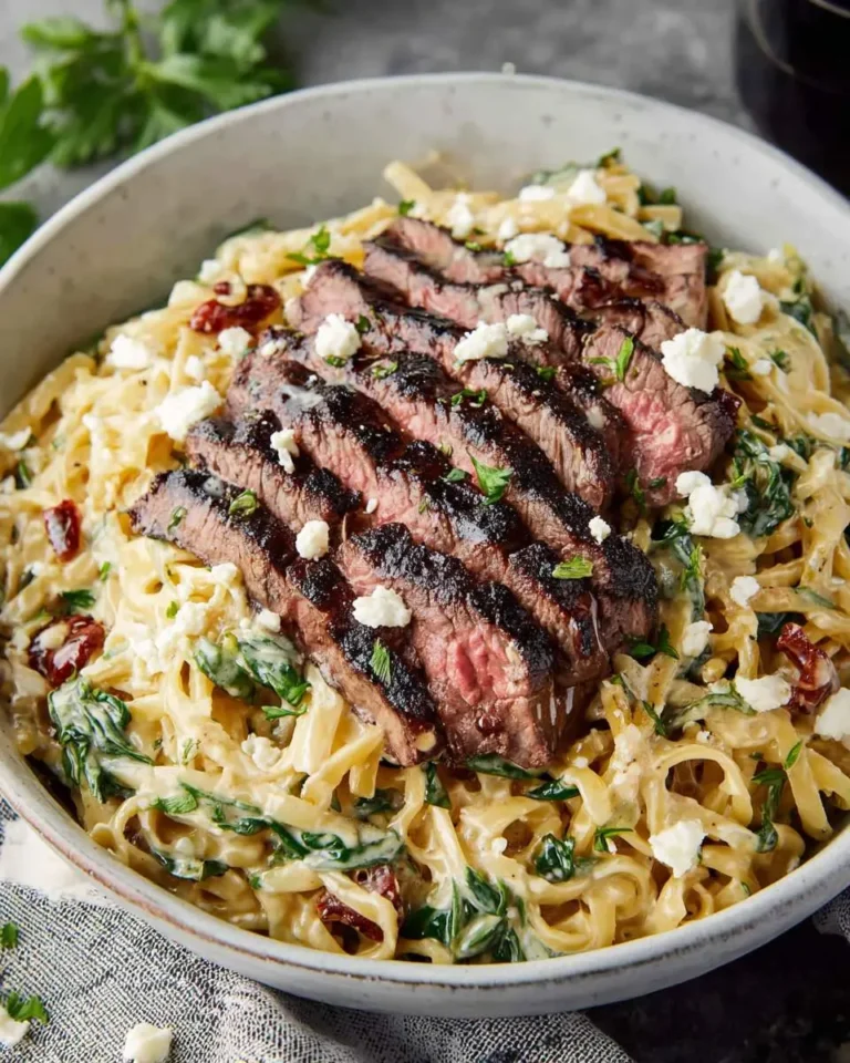A white bowl holds creamy Steak Pasta Alfredo with sliced medium-rare steak, fettuccine, spinach, sun-dried tomatoes, and crumbled feta.