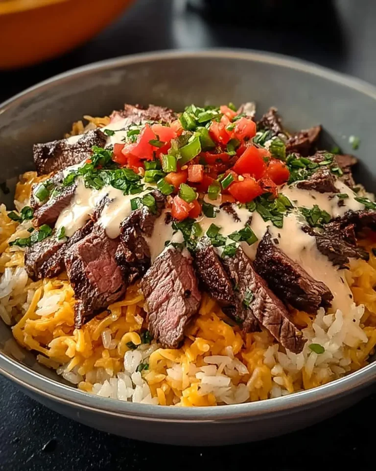 A close-up shot of a delicious Steak Queso Rice Bowl, featuring perfectly cooked sliced steak, white rice, melted orange queso, creamy white sauce, fresh diced tomatoes, and green herbs.