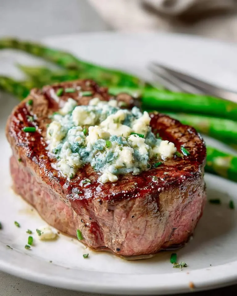 A perfectly cooked steak with blue cheese butter and fresh chives, served alongside vibrant green asparagus on a white plate.