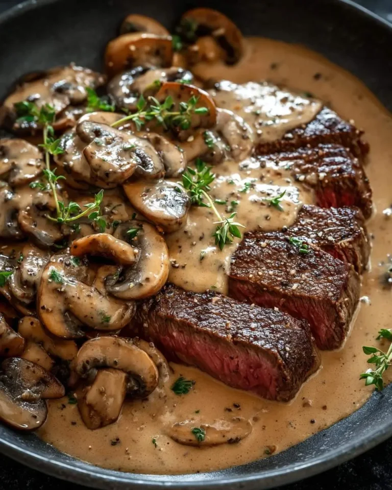Juicy pan-seared steak, sliced and served with a rich, creamy mushroom sauce, garnished with fresh thyme.