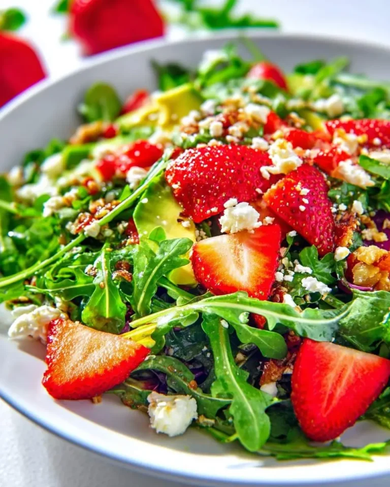 A close-up view of a vibrant Strawberry Arugula Salad in a white bowl, featuring fresh strawberries, green arugula, avocado, and feta cheese.