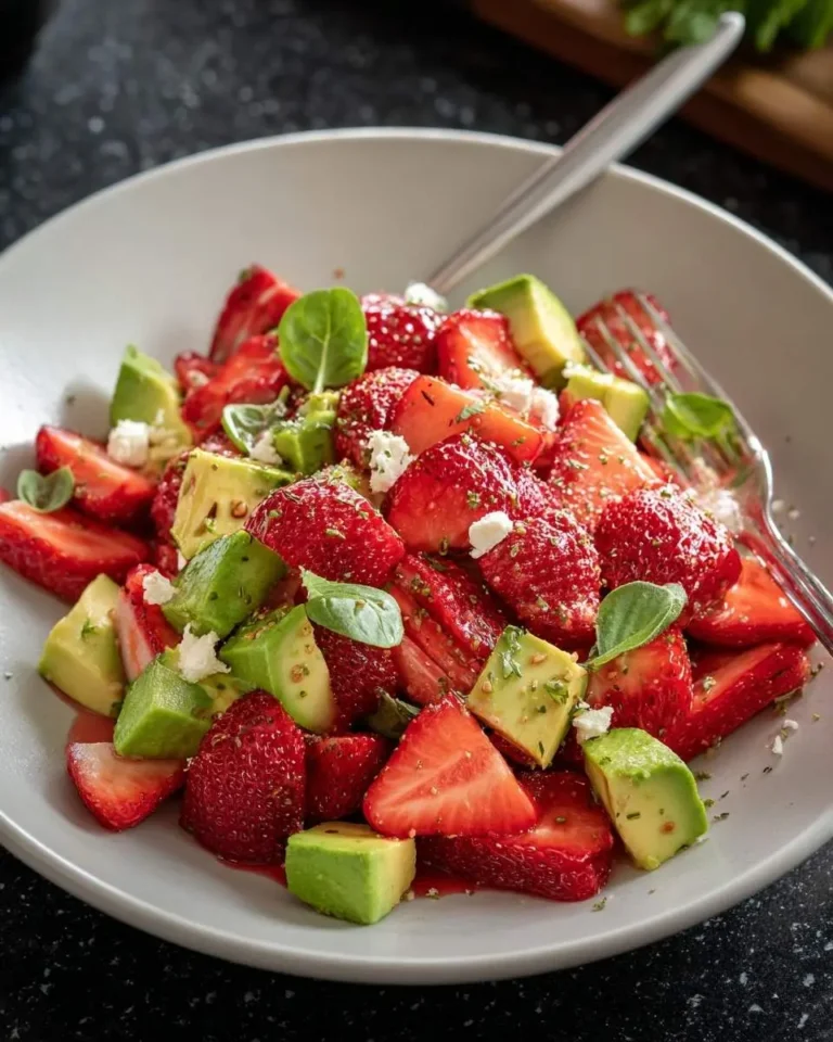 A close-up shot of a vibrant Strawberry Avocado Salad served in a white bowl, garnished with crumbled feta and fresh mint.