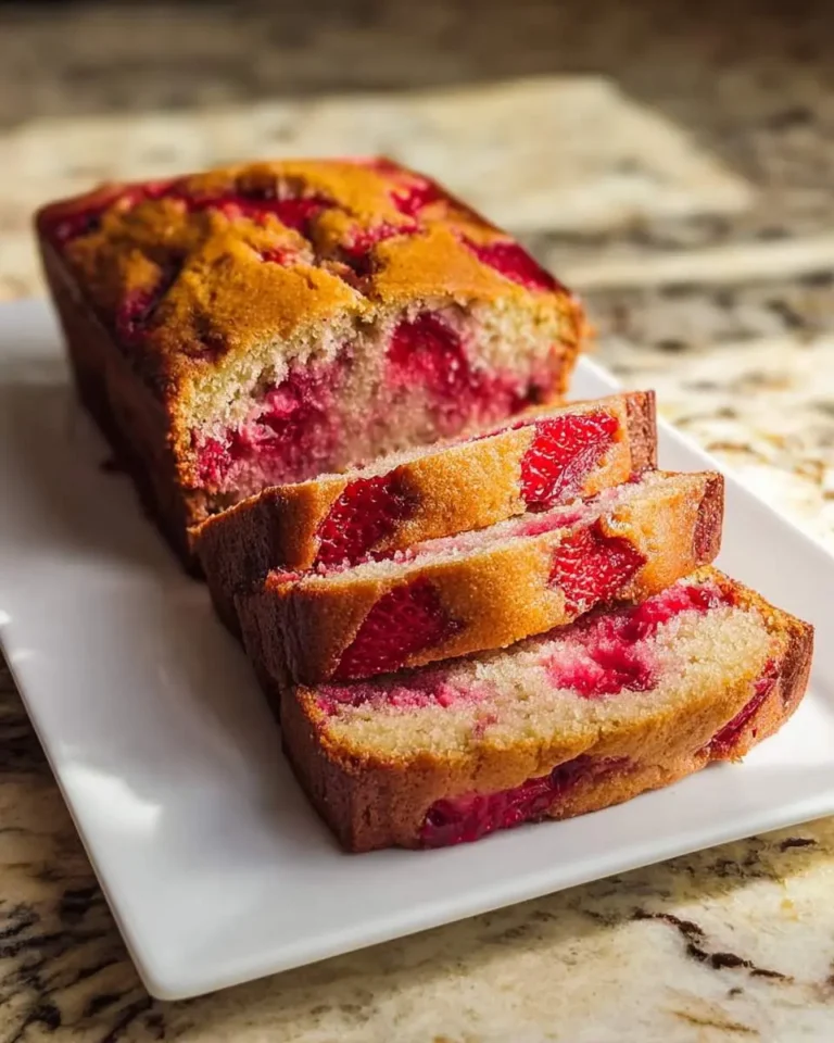 A golden-brown loaf of strawberry banana bread, sliced to reveal vibrant red strawberries baked into the moist interior, resting on a white plate.