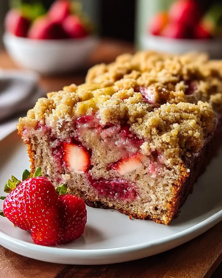 A slice of homemade Strawberry Banana Bread with Crumb Topping on a white plate, revealing baked strawberries and accompanied by fresh berries.