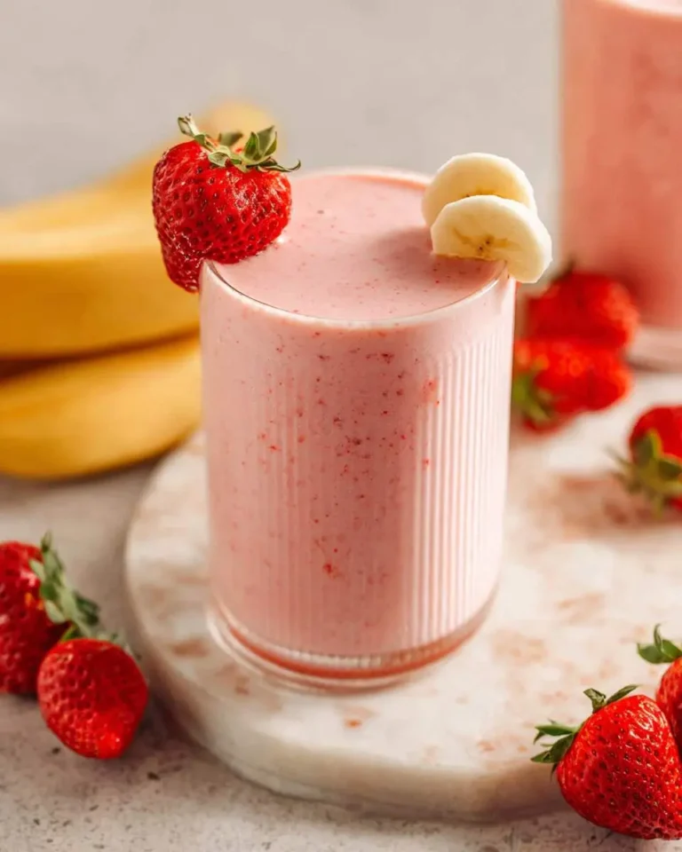 A refreshing strawberry banana smoothie in a glass, garnished with a fresh strawberry and banana slices, surrounded by more fruit.