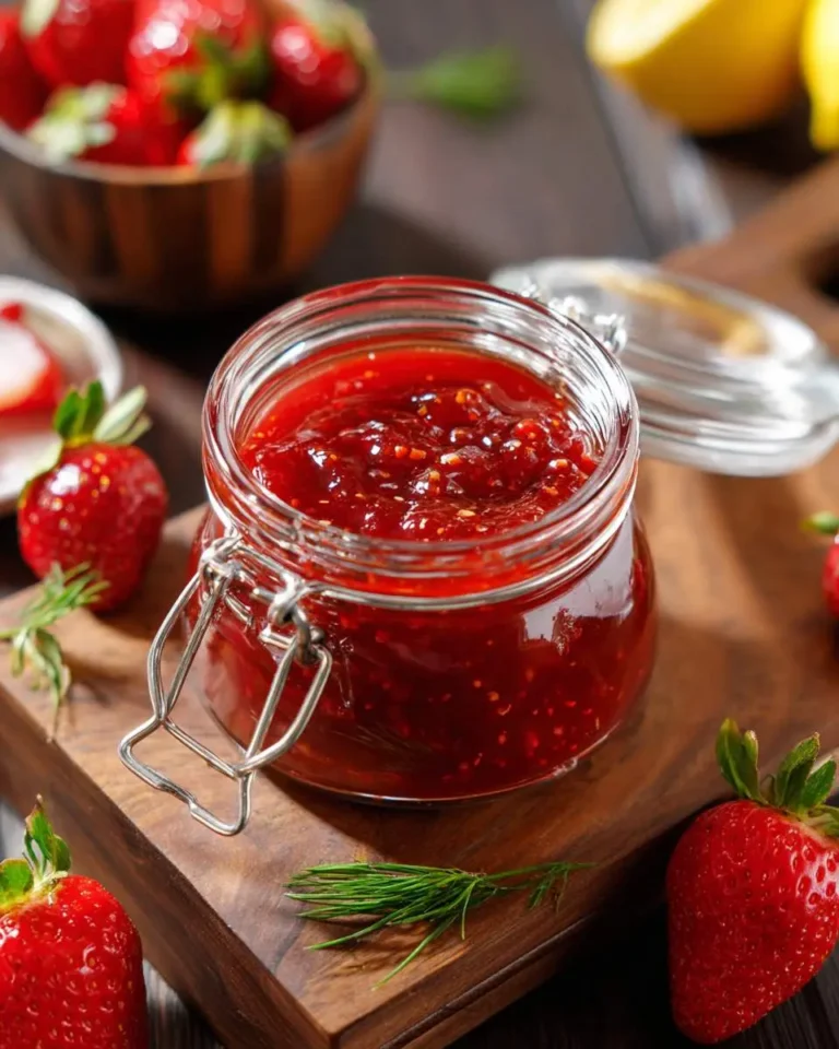 A glass jar brimming with chunky red Strawberry Barbecue Sauce, surrounded by fresh strawberries and green herbs on a wooden board.