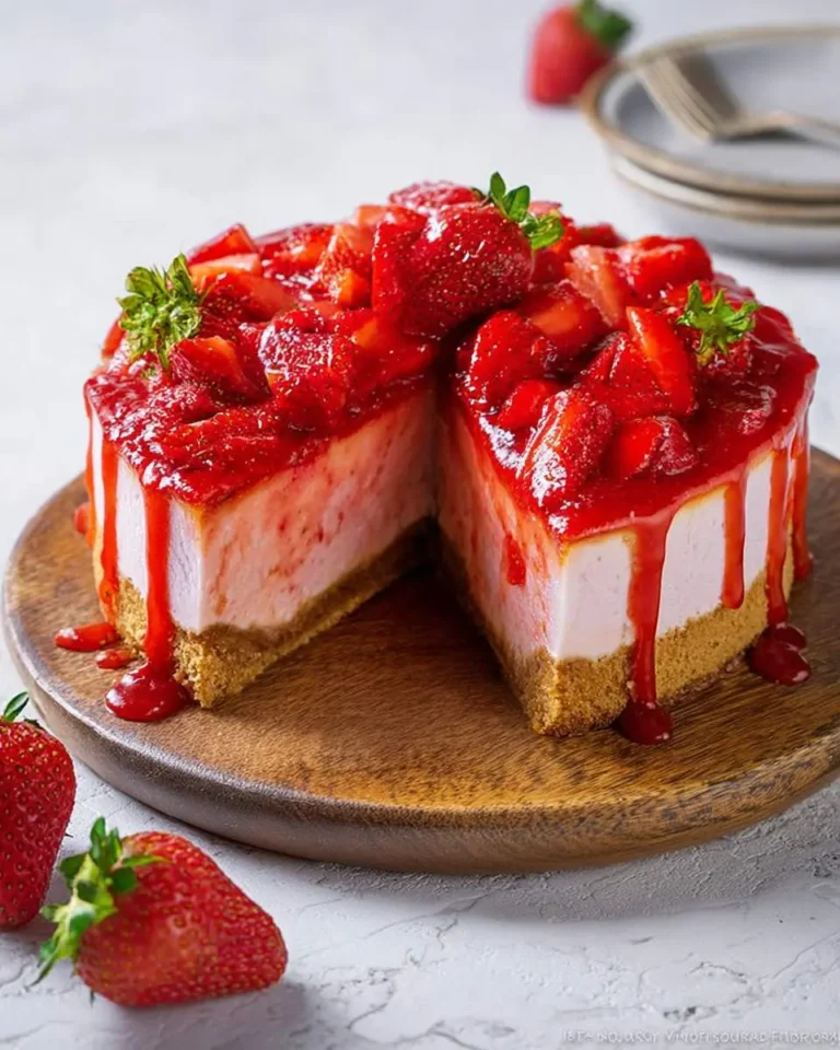 A delectable strawberry cheesecake with a slice removed, adorned with fresh strawberries and a glossy red berry glaze, on a wooden board.