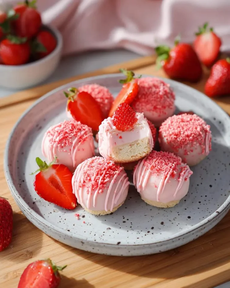 A plate of delicious pink Strawberry Cheesecake Bites, some garnished with sprinkles and fresh strawberry slices, with a bowl of strawberries in the background.