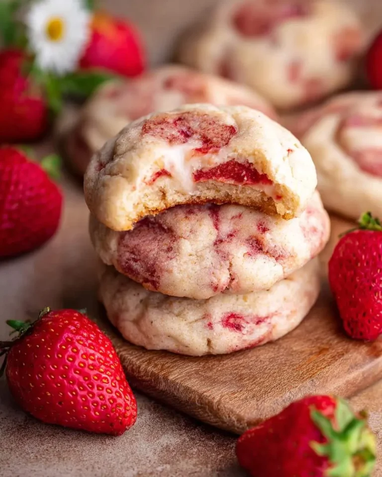 A stack of delicious Strawberry Cheesecake Cookies, with the top one bitten to reveal a creamy strawberry filling, surrounded by fresh strawberries.
