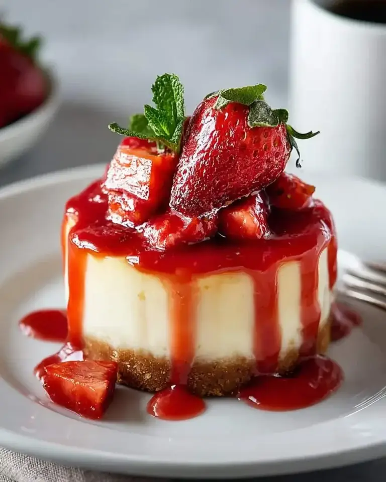 A delectable Strawberry Cheesecake with Homemade Sauce, garnished with fresh strawberries and mint on a white plate.