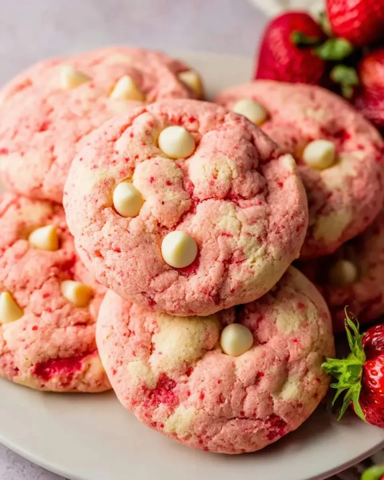 A close-up of several pink strawberry cookies with white chocolate chips piled on a white plate, with fresh strawberries in the background.