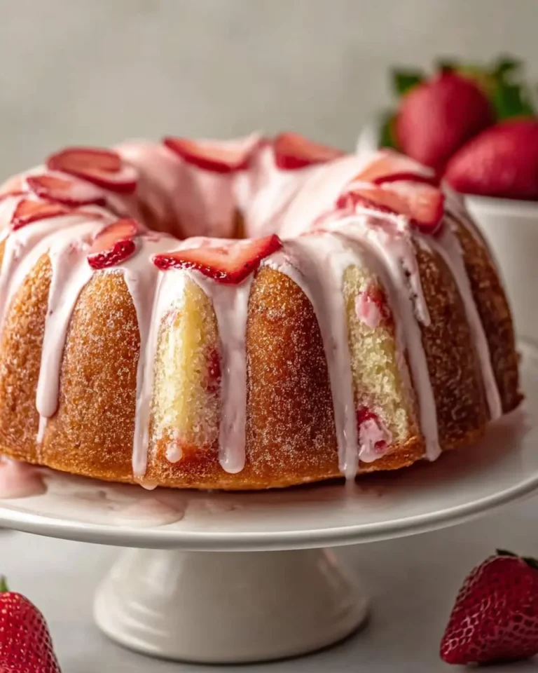 A golden-brown Strawberry Cream Cheese Pound Cake with pink glaze and fresh strawberry slices on a white cake stand.