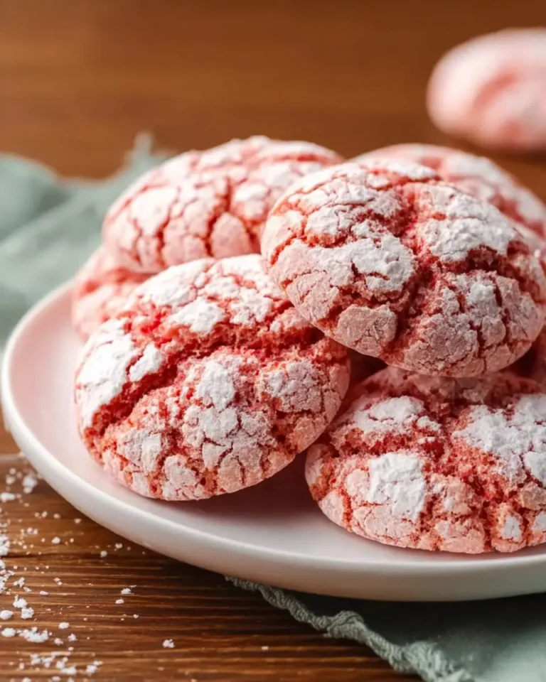 A close-up shot of a white plate brimming with vibrant red Strawberry Crinkle Cookies, generously dusted with powdered sugar, resting on a wooden table.