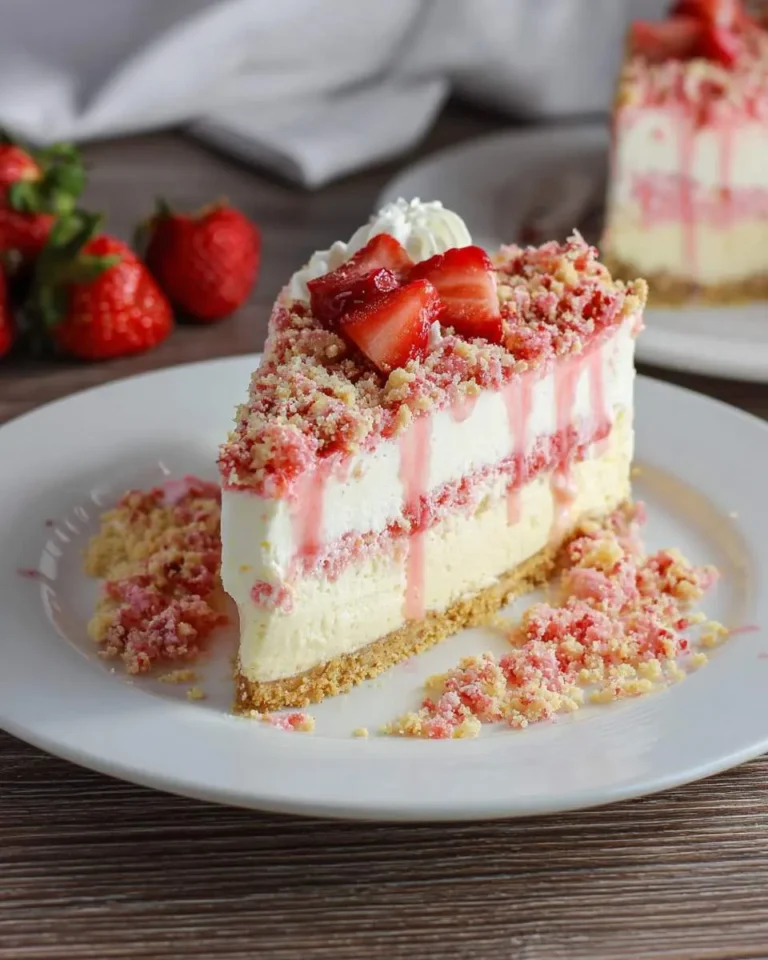 A decadent slice of Strawberry Crunch Cheesecake with fresh strawberries, whipped cream, and strawberry sauce on a white plate.