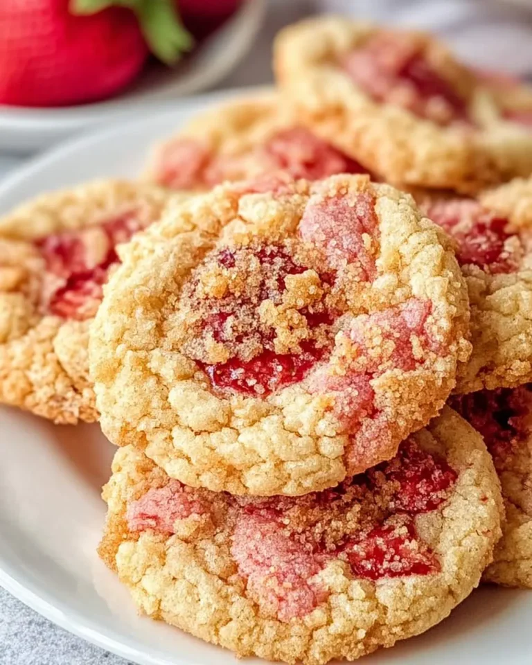 A close-up of golden-brown Strawberry Crunch Cookies stacked on a white plate, with fresh strawberries blurred in the background.