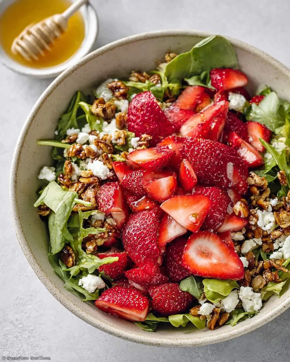 A vibrant Strawberry Crunch Salad in a rustic bowl, featuring fresh strawberries, mixed greens, crumbled feta cheese, and candied pecans, with a small bowl of honey in the background.