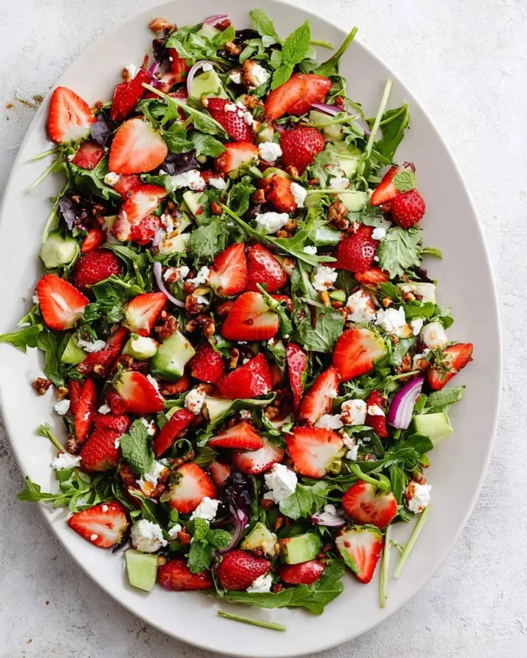 A vibrant Strawberry Goat Cheese Salad on a white oval platter, featuring fresh strawberries, arugula, goat cheese crumbles, cucumber, red onion, and chopped nuts.