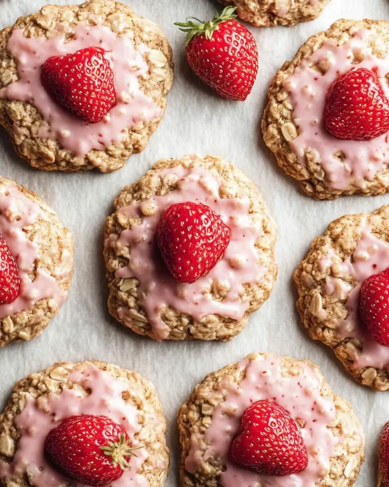 A top-down view of multiple delicious Strawberry Iced Oatmeal Cookies, each topped with pink icing and a fresh whole strawberry.