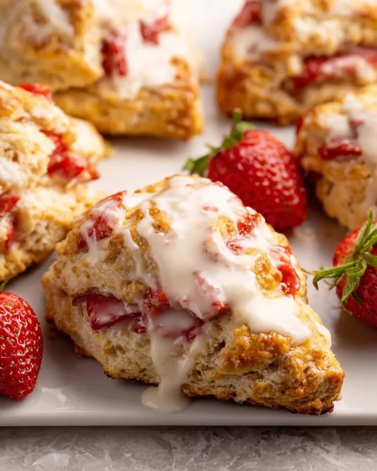 A close-up shot of delicious Strawberry Lemon Cream Scones, drizzled with a sweet white glaze, on a white platter with fresh strawberries.