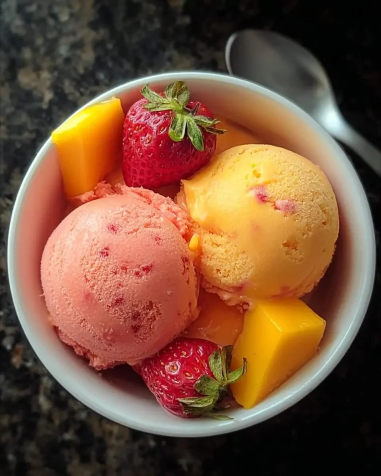 A white bowl holds two scoops of delicious Strawberry Mango Ice Cream, garnished with fresh strawberries and ripe mango chunks.