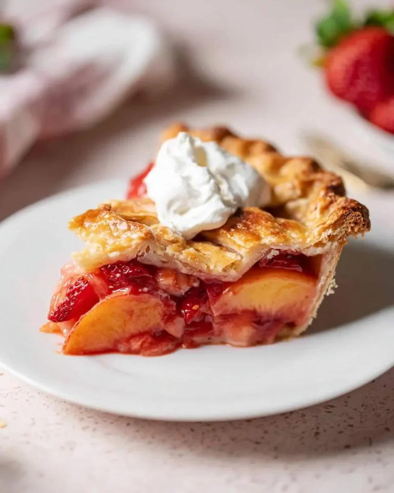 A delectable slice of strawberry peach pie topped with whipped cream on a white plate, showcasing its golden crust and fruity filling.