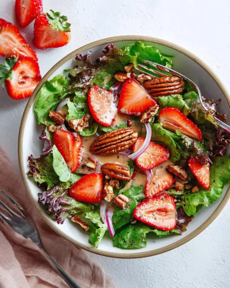 A refreshing Strawberry Pecan Salad in a bowl, featuring vibrant greens, sliced strawberries, crunchy pecans, and red onion, with a fork.