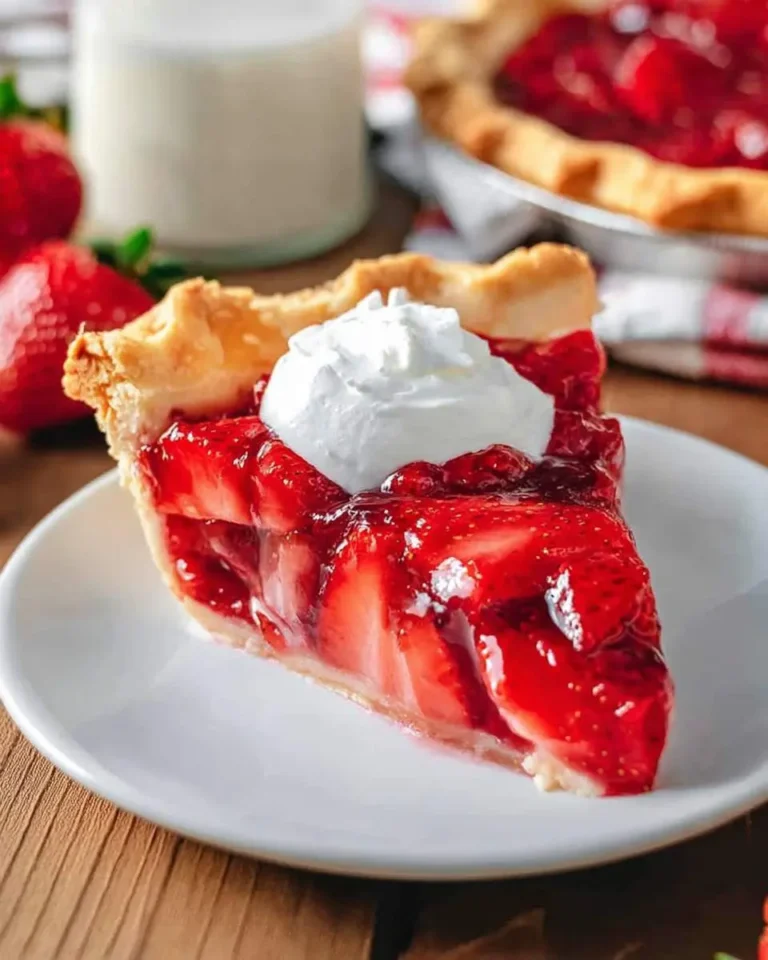 A vibrant slice of strawberry pie topped with whipped cream on a white plate, with a whole pie and fresh berries in the background.