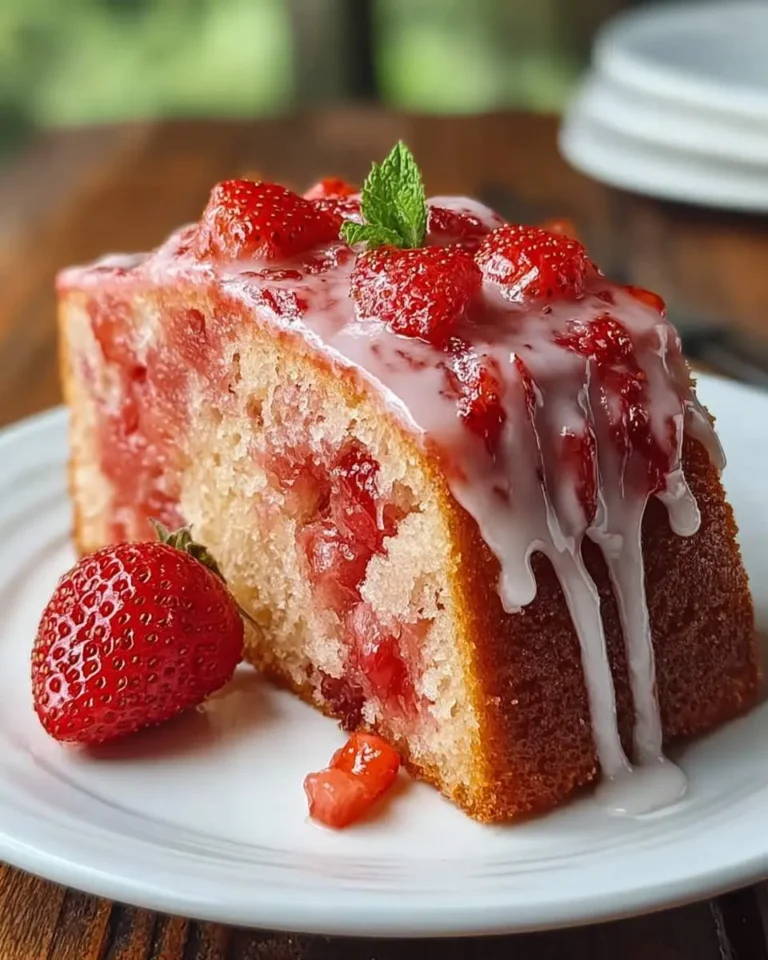 A delightful slice of strawberry pound cake, topped with fresh strawberries, a sweet glaze, and a mint leaf, served on a white plate.