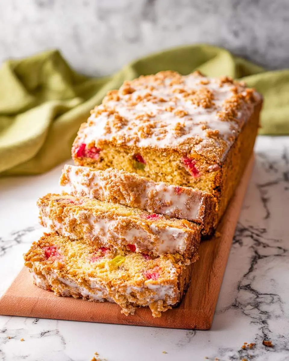 A delicious loaf of strawberry rhubarb bread with a crumble topping and white glaze, sliced on a wooden cutting board.