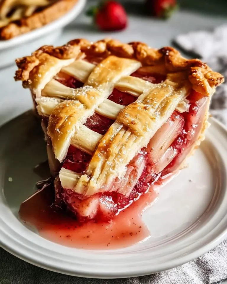 A tempting slice of homemade Strawberry Rhubarb Pie with a golden lattice crust, juicy filling, and sweet sauce on a white plate.