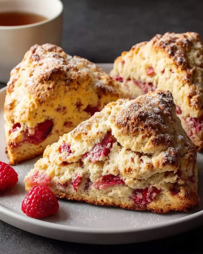 Close-up of freshly baked strawberry rhubarb scones, dusted with powdered sugar, served on a plate with whole raspberries and a cup of tea in the background.