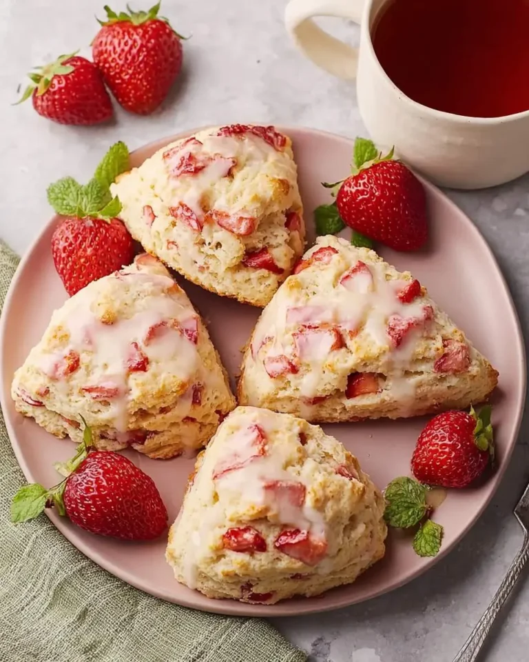 A pink plate holds five triangular strawberry scones topped with white glaze, surrounded by fresh strawberries, mint, and a cup of tea.