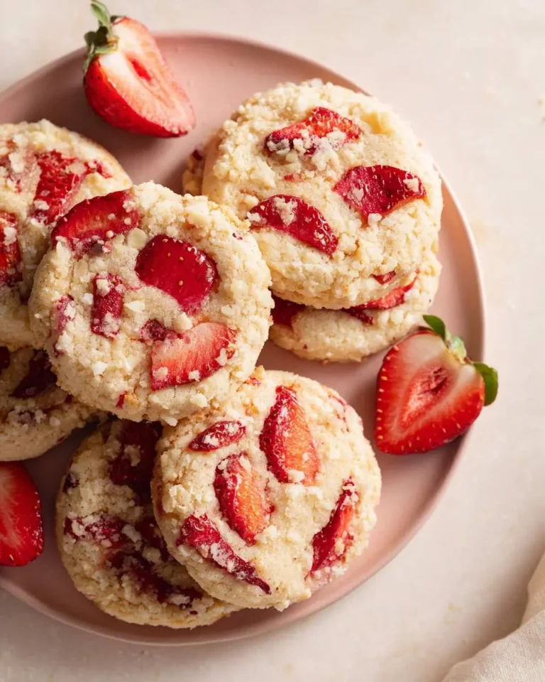 Strawberry Shortbread Cookies with red fruit and crumbly texture on a pink plate, accented by fresh strawberry halves.