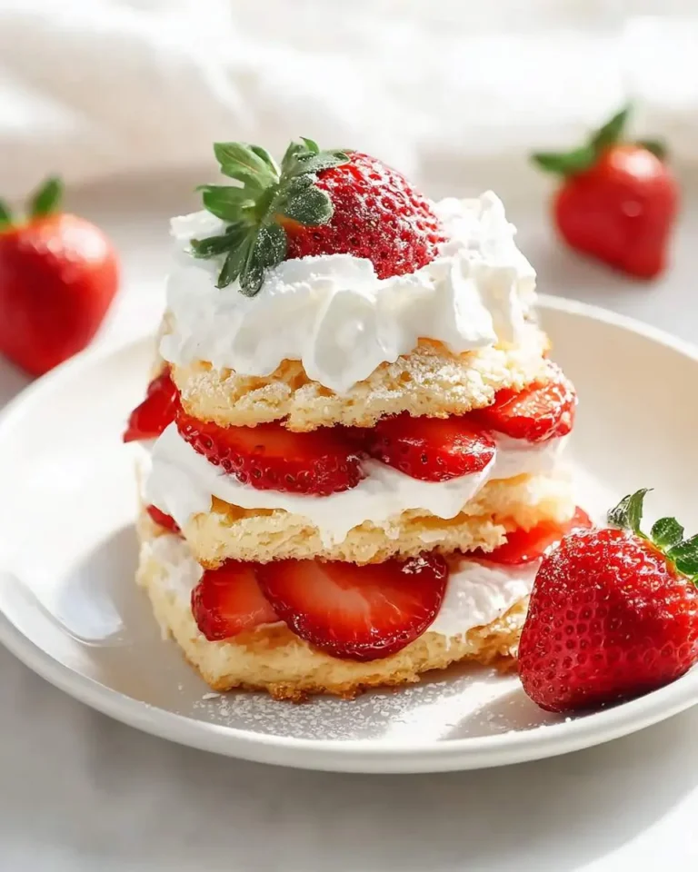 A stacked homemade strawberry shortcake with whipped cream, sliced strawberries, and a whole berry on a white plate.