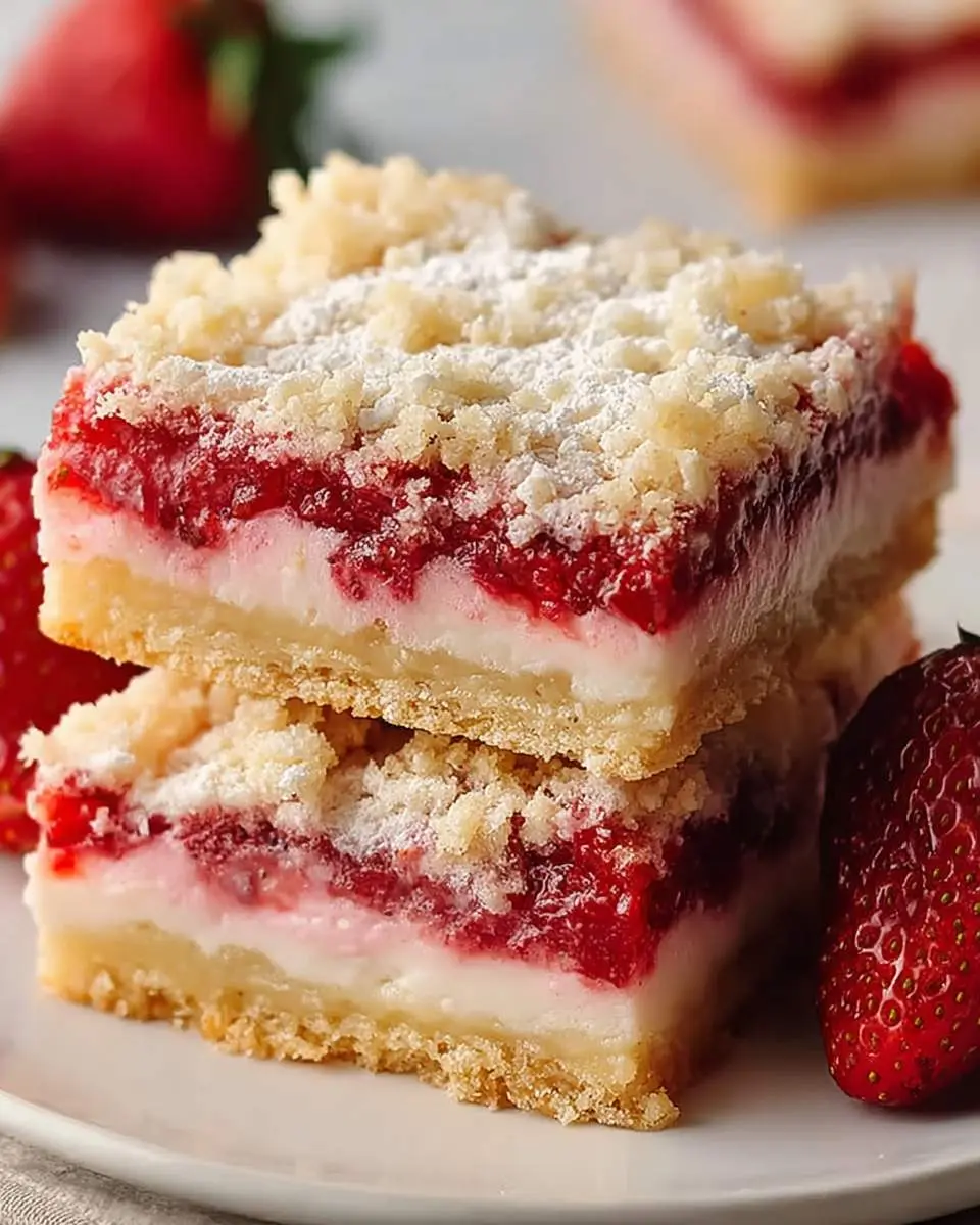 Two delicious Strawberry Shortcake Bars are stacked on a plate, showing their creamy filling, vibrant strawberry layer, and crumbly topping.