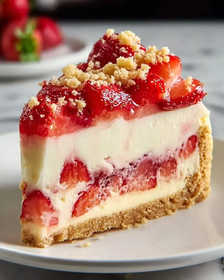 A delicious slice of Strawberry Shortcake Cheesecake with a thick strawberry topping and crumbly garnish on a white plate.